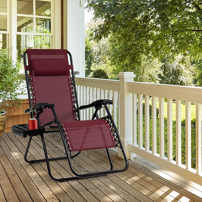 Tangkula Zero Gravity Chair, Folding Patio Lounge Chair Adjustable Outdoor Recliner with Cup Holder, Wide Armrest for Patio Garden Poolside Outdoor Yard Beach, Support 350 lbs (2, Wine)