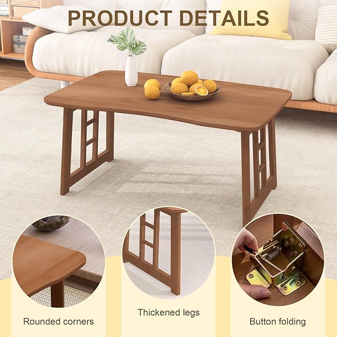 JNNXZZ Japanese Folding Coffee Table,Bamboo Foldable Low Table for Sitting On Floor,Collapsible Floor Tea Tables,Portable Meditation Table for Tatami Living Room Bay Window Office Apartment (Brown)