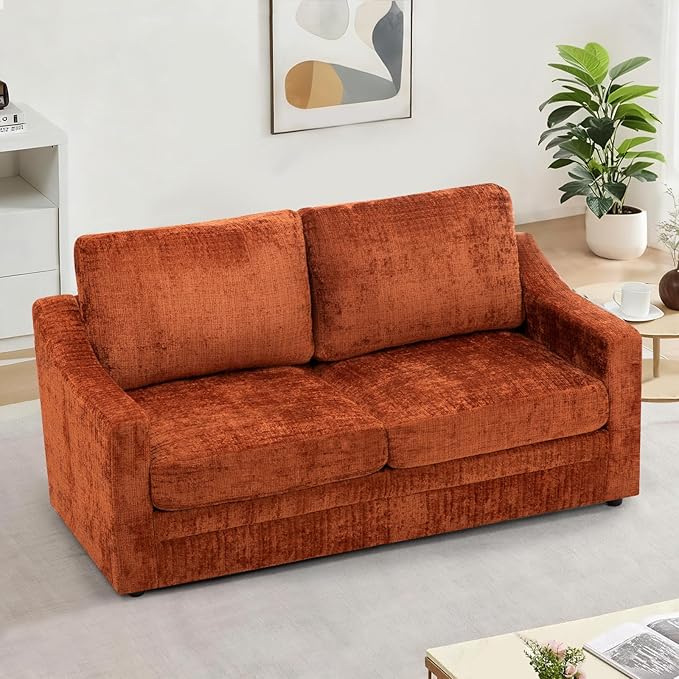 ACMEASE 67 Inches Chenille 2-Seat Sofa w/Comfortable Back Cushions, Modern Love Seat w/Deep Seat Space, Upholstered 2 Seater Couch w/High Resiliency Foam for Living Room, Office, Orange