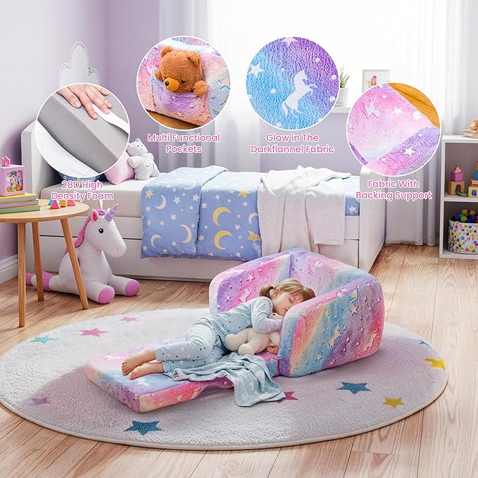 Lamerge 2-in-1 Soft Toddler Couch Fold Out,Foldable Toddler Chair, Glow in The Dark Kids Sofa for playroom,Convertible Foam and Floor Cushion for Boys and Girls (Rainbow and Unicorn)