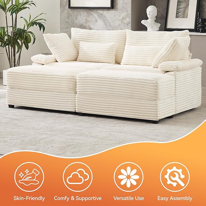 75" Corduroy Loveseat with Storage Ottoman, Cloud Deep Seat Couch with Convertible Ottoman Coffee Table & USB, Double Chaise Lounge for Living Room, Beige
