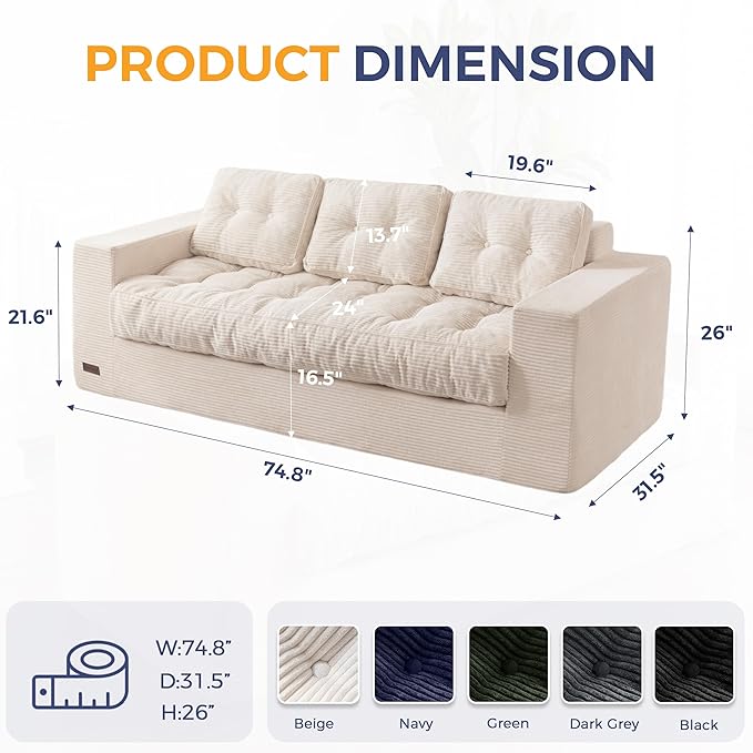MAXYOYO 3 Seater Couch for Living Room, Boneless Couch with Tufted Cushion & Backrest, Upholstered Floor Sofa for Adults, No Assembly Required, Beige