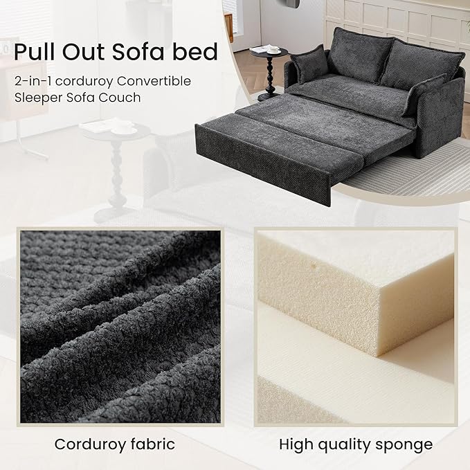 GRAINLLE Pull Out Couch,Loveseat Convertible Sleeper Sofa Bed with USB,Pull Out Sofa Bed Side Storage,2 Pillows,Corduroy Sleeper Couch for Living Room,Bedroom,Apartment,Pet-Friendly(Grey, 59.5'')