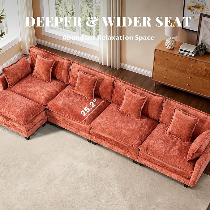 SoarFlash 149.61" Chenille Sectional Sofa, Comfy L Shaped Modular Coush Sofa with Ottoman, Modern 4 Seat Couch Deep Seat Sofa Set for Living Room,Orange
