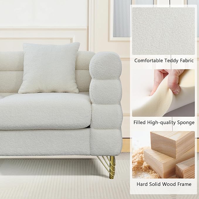 mikibama Luxury Teddy Sofa Set for Living Room, Modern Decor Furniture Sectional Sofa, 3 Seater Couch and Loveseat with 5 Pillows for Apartment, Office, Hall (White)