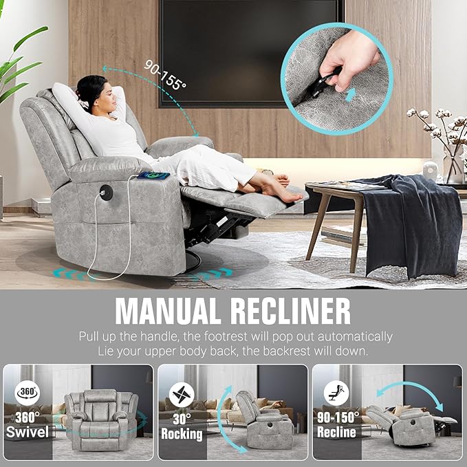LAFWELL Retro Rocking Recliner Chair, Massage Rocker Recliner Chair with Vibration Massage and Heat, USB and Type-C Ports,360° Swivel Chairs, Living Room, Bedroom, Nursery, RV, Light Grey