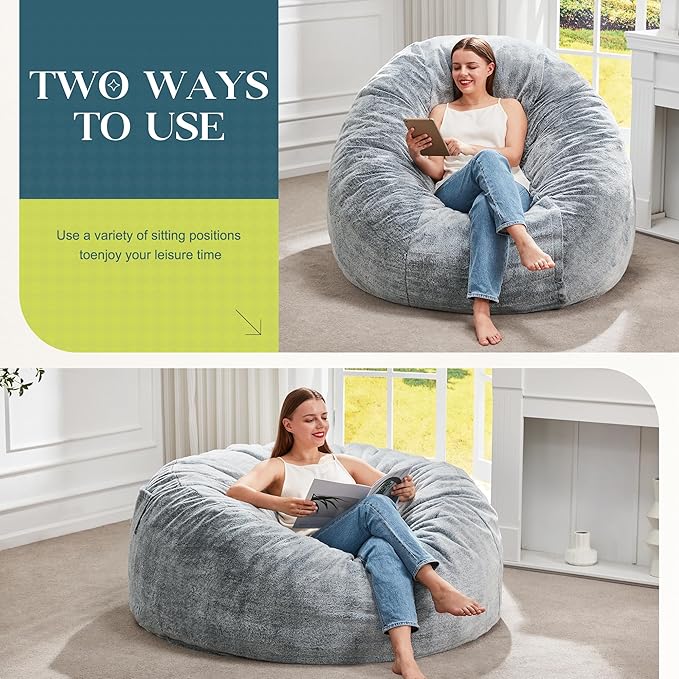 Hobestluk Bean Bag Chairs Giant Beanbag Chair with Filler, Memory Foam Bean Bags with Fluffy & Machine Washable Cover, Bean Bag Chairs for Aduts for Living Room, Bedroom (Grey, 4FT - 44” x 44” x 24”)
