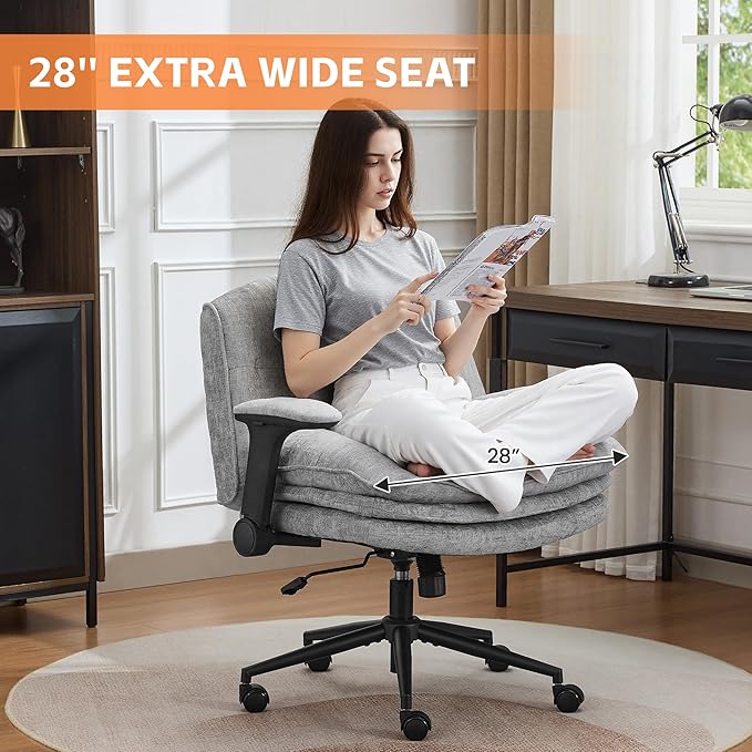 Criss Cross Chair with Flip-up Arms, Wide Criss Legged Chair with 3 Layer Cushion, Ergonomic Office Desk Chair with Wheels, Swivel Vanity Chair for Office, Living Room, Bedroom, Chenille Grey