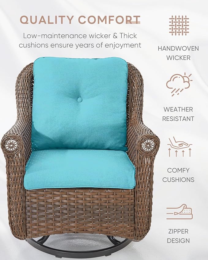 ACTREST Patio Chairs Outdoor Swivel Glider - Set of 2 High Back Outside Brown Wicker Rattan Rocking Chair with Thick Cushion for Porch Apartment Deck Yard Poolside Garden - Turquoise