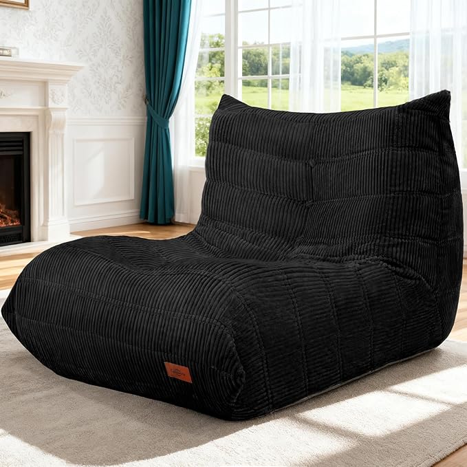 Bean Bag Chair,Giant Beanbag Chairs for Adults,Comfy Large Fireside Chair Lazy Sofa,Corduroy Bean Bag Lounger with Memory Foam Filled,Floor Sofa Couch for Home,Dorm,Living Room (Black)