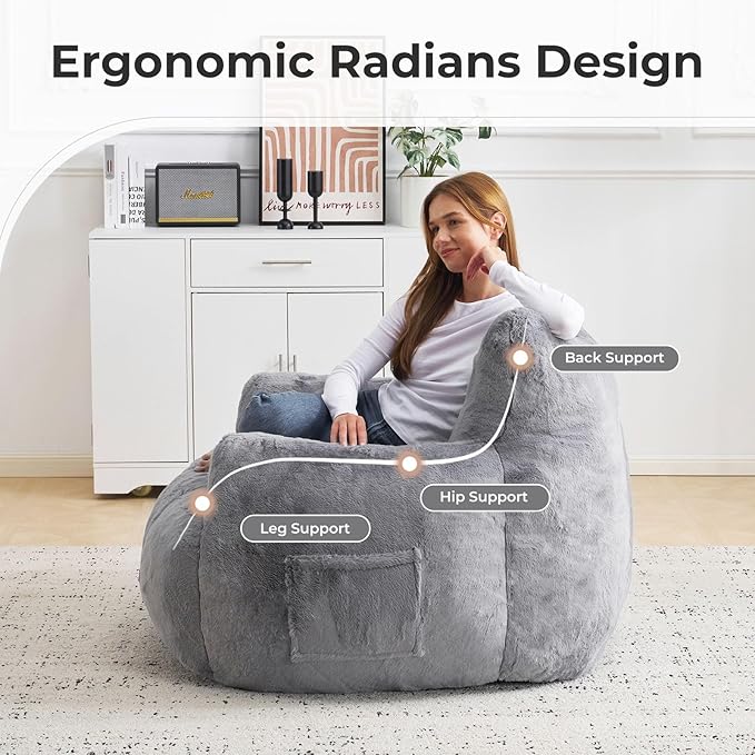 Giant Bean Bag Chair for Adults, Oversized Bean Bag with Filling Plush Fluffy,BeanBag Lazy Sofa Couch with Armrest for Living Room, Cat Shaped Beanbag Couch with Sidepocket for Bedroom,Grey