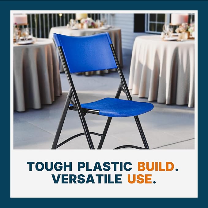OEF Furnishings OEF600 Series High Back Folding Chairs, Blow-Molded Polyethylene Commercial-Grade Seating for Indoor and Outdoor Use, 500 lb Weight Capacity, 4-Pack (Blue)