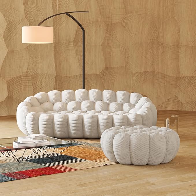 JACH Bubble Sofa with Ottoman, Curved Couch, Comfy Upholstered Sofa, Mesh Fabric 3D Honeycomb Shape Modern Couch for Living Room, Office, Apartment, Small Space (Light Grey)