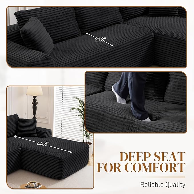 95" Boneless Cloud Sectional Couches for Living Room, Comfy Fluffy L Shaped Memory Foam Deep Seat Boneless Couch, Modular Sectional Sofa with Right Facing Chaise, Black
