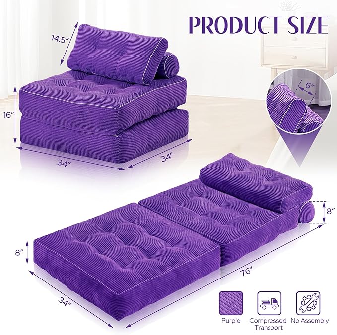 HABUTWAY Folding Sofa Bed, Convertible Sleeper Chair Bed w/Dual-Pillow & Handle, Foldable Floor Sofa Lounge w/Back Support for Living Room, Bedroom, Apartment, Office, Single, Purple