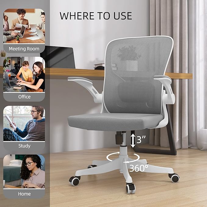 Monhey Office Chair Ergonomic Desk Chair with Lumbar Support&Headrest&Flip-up Arms Height Adjustable Rocking Swivel Computer Chair Multi-Angle from 90° to 125° with 350LBS Capacity (01White+Gray)