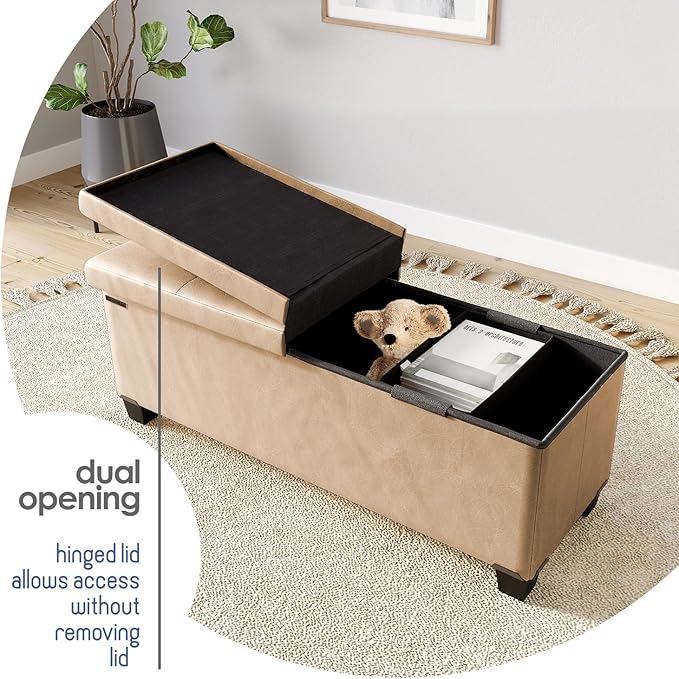 Storage Ottoman Bench with Bins, 43-in Storage Bench for Bedroom End of Bed, Folding Foot Rest Ottoman for Living Room Max 660lbs, Faux Leather Ottomans, Taupe