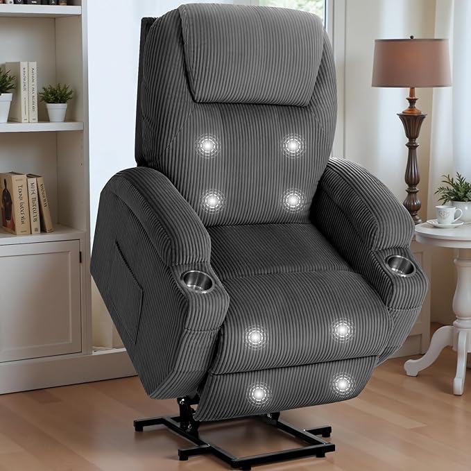 Flamaker Power Lift Recliner Chair Electric Lift Recliner for Elderly Power Lift Recliner Chair with Cup Holders Side Pockets for Living Room (Corduroy, Dark Gray)