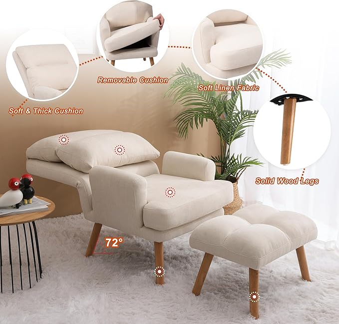 KGOPK Accent Chair with Ottoman,Comfy Armchair with Adjustable Backrest,Fabric Lounge Chair Single Sofa for Living Room,Bedroom,Office,Beige