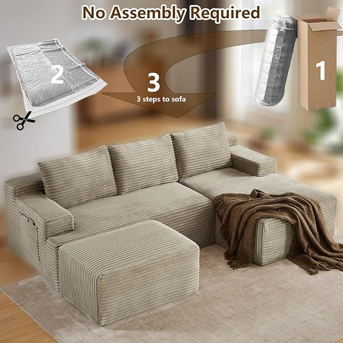 96" U-Shape Cloud Couch, Modern Modular Sectional L-Shape Sofa with Ottoman, Corduroy Upholstered Couches Deep Seat Sleeper Chaise Longue for Living Room, No Assembly Required(Camel, Right Facing)