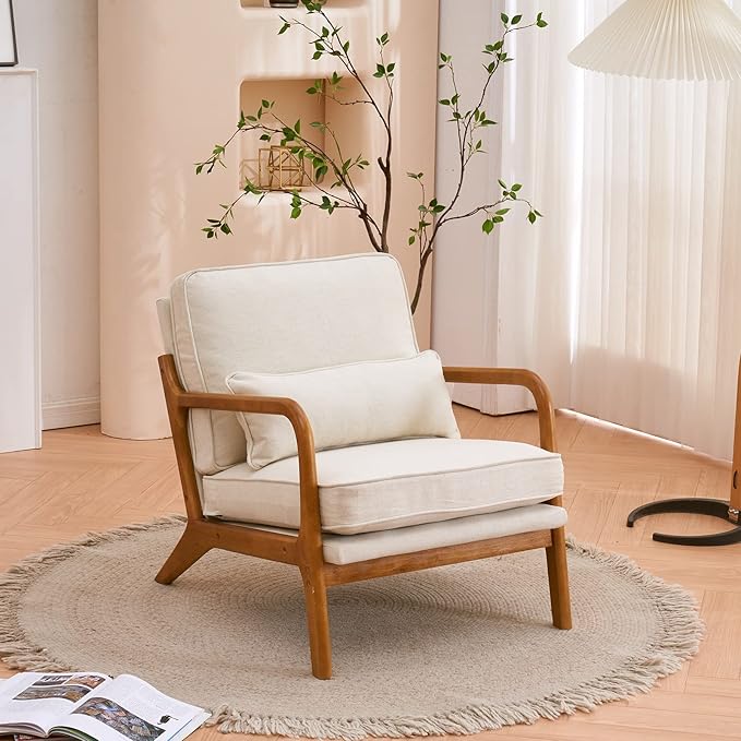 Karl home Accent Chair Mid-Century Modern Chair with Pillow Linen Fabric Upholstered Lounge Arm Chair with Solid Wood Frame & Soft Cushion for Living Room, Bedroom, Balcony, Beige