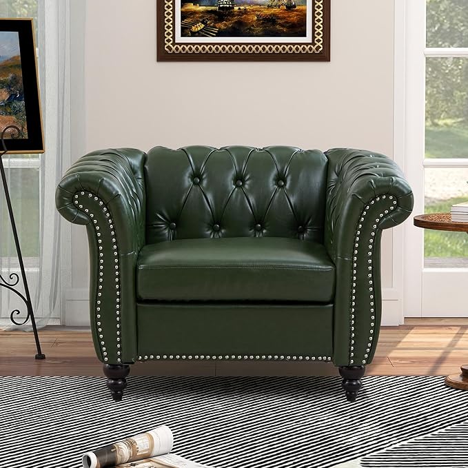 QHITTY Accent Chair, Chesterfield Chair Modern Leather Upholstered Chair with Tufted Back for Living Room Furniture (Green)