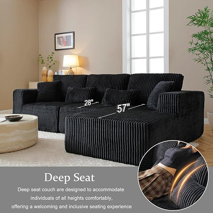 HYJT-H&K Modular Sectional Sofa Cloud Sectional Couch, 107" Comfy Fluffy L Shaped Dark Black Couches for Living Room, Deep Seat Memory Foam Plush Corduroy Boneless Couch Sectionals Right Facing Chaise