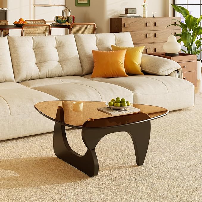LUCKIIA Coffee Tables Glass Small Farmhouse Coffee Table Mid-Century Modern Wood Center Table for Living Room, Black Brown, 45 Inch