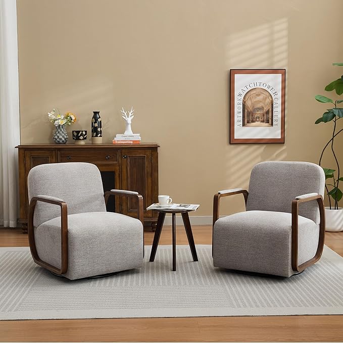 CACFTII 32" Chenille Upholstered Swivel Accent Chairs Set of 2, 360° Rotating Metal Base Modern Lounge Chair with Wooden Armrests for Living Room Bedroom, Brown