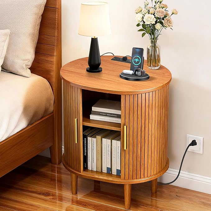 DHH Mid Century Modern Nightstand with Charging Station, Fluted Accent Side Table with Sliding Door & Adjustable Shelf, End Table for Small Space, Living Room, Bedroom,Sofa Couch(1, Yellow)