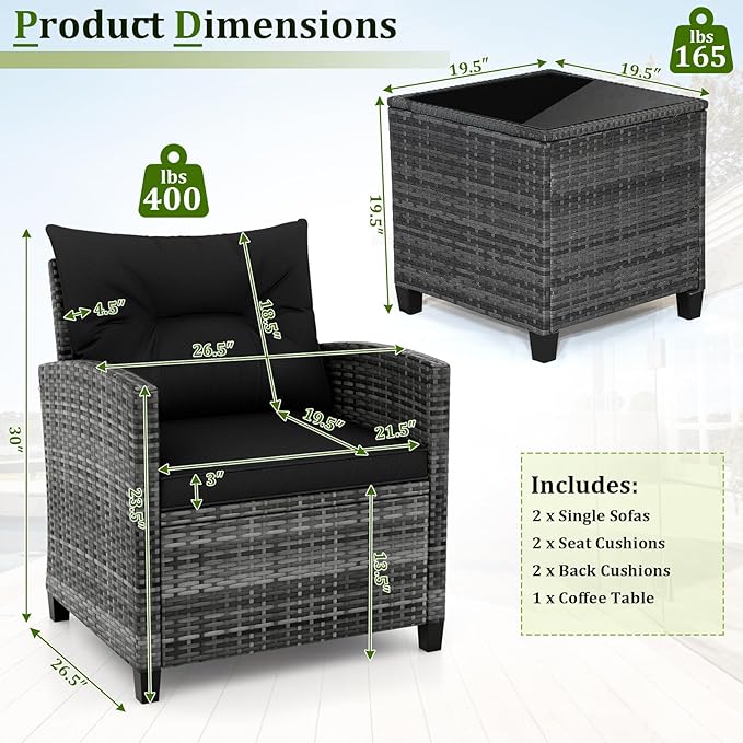 RELAX4LIFE 3 Piece Patio Furniture Set, Wicker Bistro Conversation Set w/2 Cushioned Armchairs & Glass Topped Table, Outdoor Rattan Sofa Set Patio Furniture for Porch Balcony Poolside (Grey-Black)
