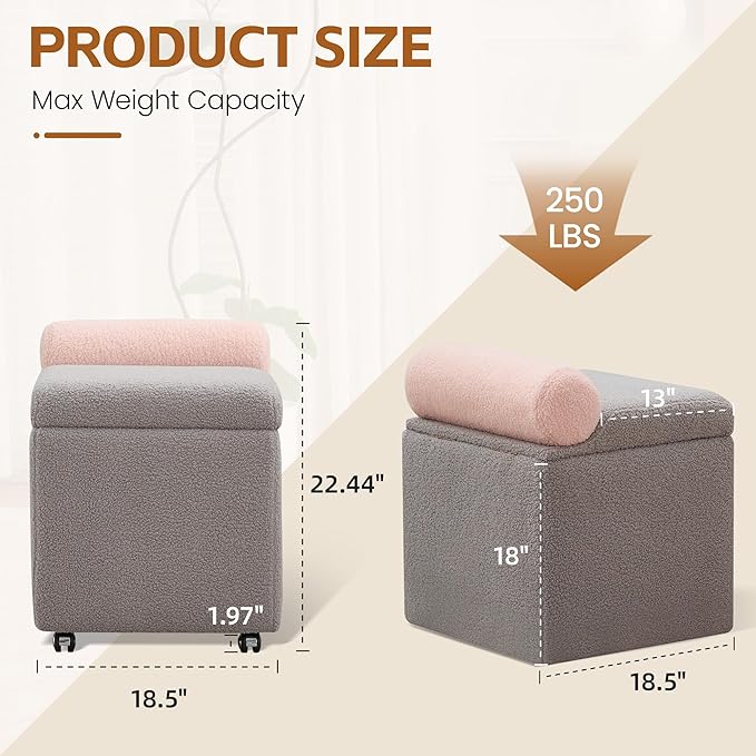 Boucle Vanity Chair with Storage, Swivel Vanity Stool with Safety Hinge, Upholstered Makeup Chair with Wheels, Square Ottoman Stool for Living Room, Dressing, Bedroom, Grey