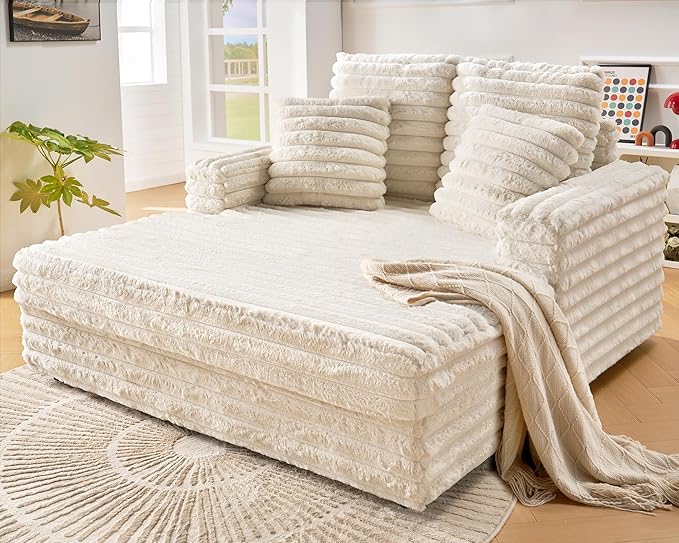 Jocisland 58-Inch Chaise Lounge, Complete with Cozy Throw Pillows, Upholstered Sofa Bed with Armrests, Plush Sleeper Bed for Living Room, Off-White