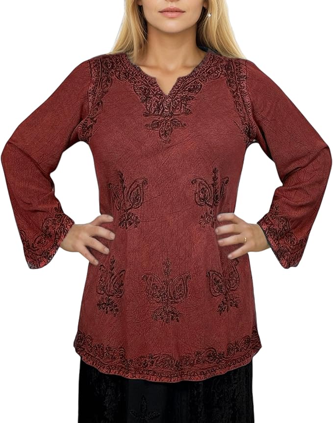 Agan Traders 2025 Winter Long Sleeve Diamond Neck Embroidered Tops - Medieval Boho Vintage Tunic Kurta Blouses for Women