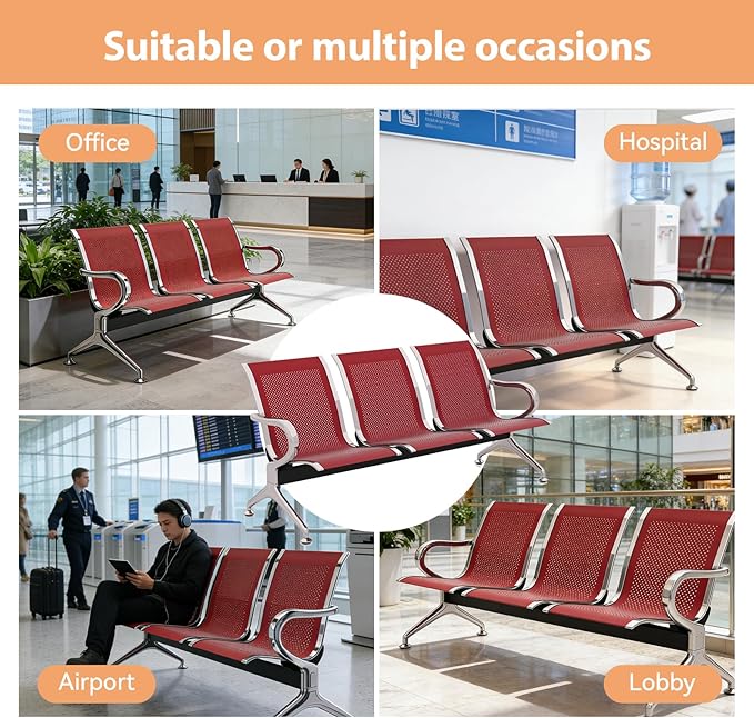 Kinfant 3-Seat Waiting Room Chair - Office Guest Reception Chairs with Ergonomic Backrests, Airport Waiting Bench with Armrests, Metal Waiting Furniture for Hospital, Bank, Salon, Dark Red
