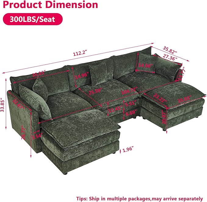 Aoowow Modular Sectional Sofa Modern Convertible U Shaped Couch,112.2 Inch Deep 3-Seater Sofas Set Comfy Chenille Cloud Sofas and Couches with Movable Ottoman for Living Room Apartment（Green）