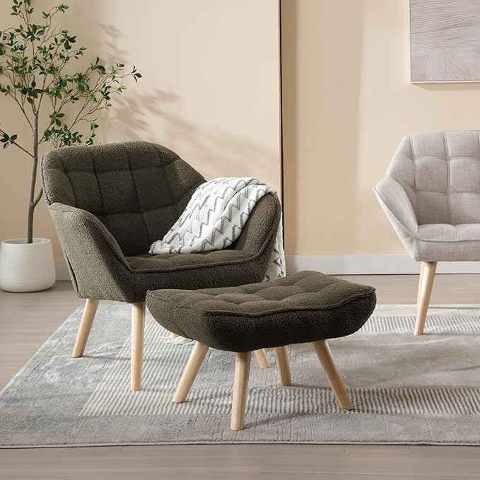QUINJAY Modern Sherpa Accent Chair with Ottoman, Fluffy Upholstered Lounge Chair with Footrest, Comfy Living Room Side Boucle Armchair for Small Space Bedroom Apartment, Green