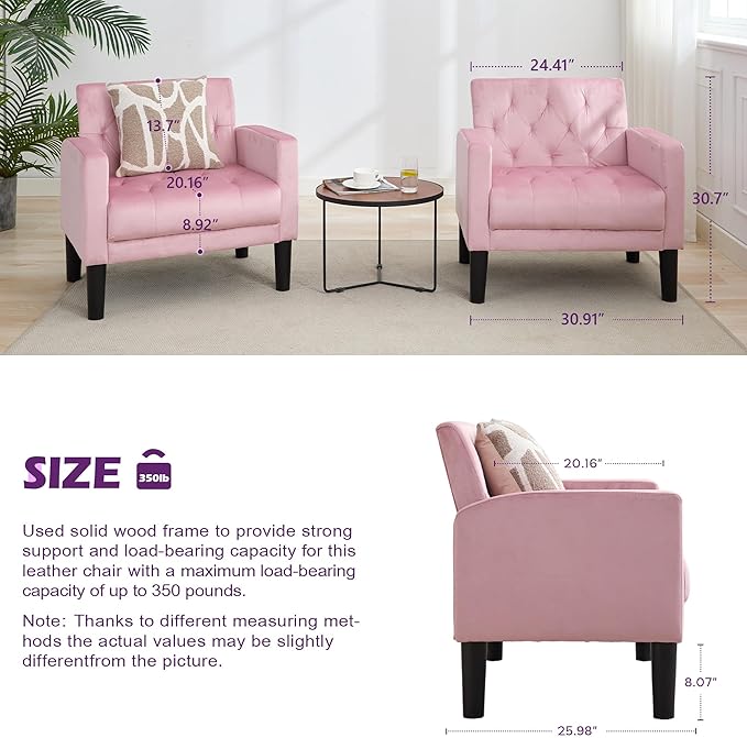TYBOATLE Mid-Century Fabric Tufted Accent Living Room Armchairs, Comfy Modern Upholstered Bedroom Office Armchair Single Sofa, Reading Lounging Side Lounge Chair Living Room Furniture (Pink)
