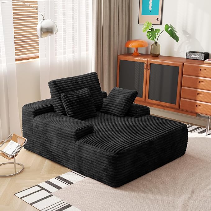 WJShome Oversized Chaise Lounge Chair Indoor, Plush Corduroy Boneless Sofa Bed, Cloud Reading Chair with Throw Pillow for Living Room (Black)