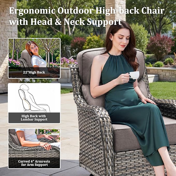 Pugire Luxury Outdoor Swivel Rocker Patio Chairs Set of 5, High Back Swivel Patio Chairs with Side Table & 6" Thick Cushions, Ottomans, Wicker Outdoor Bistro Set for Porch, Yard, Deck, Poolside, Grey
