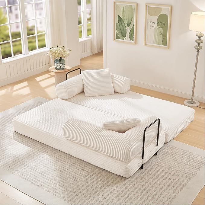 Modular Couch Bed, Convertible Folding Plush Corduroy Comfy Floor Memory Foam Compression Loveseat Sleeper Sofa Couch, King Size Bed for Guest Room Living Room Bedroom, No Assembly Required, Beige