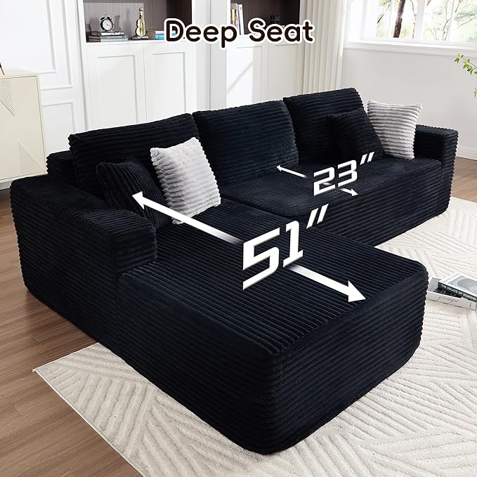 Opiesit 108" Boneless Couches for Living Room, Modular Sectional Sofa with Oversized Chaise, L-Shape Cloud Couch with Deep Seat, High-Density Memory Foam, No Assembly Required, Plush Corduroy Black
