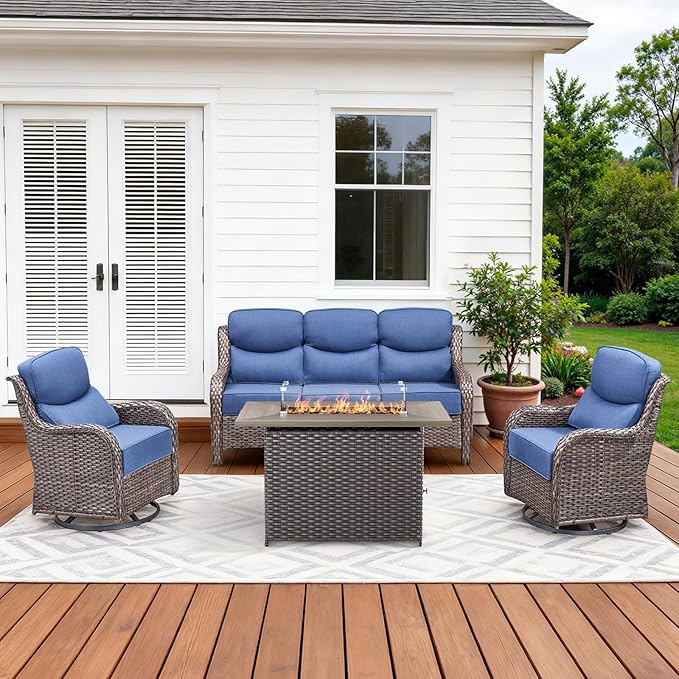 Pugire Luxury High Back Patio Furniture Set with 6-Inch Thick Cushions, 4-Pieces Outdoor Furniture with Swivel Chairs Fire Pit, Wicker Conversation Set for Porch, Balcony, Deck and Yard, Brown/Blue