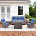 Pugire Luxury High Back Patio Furniture Set with 6-Inch Thick Cushions, 4-Pieces Outdoor Furniture with Swivel Chairs Fire Pit, Wicker Conversation Set for Porch, Balcony, Deck and Yard, Brown/Blue
