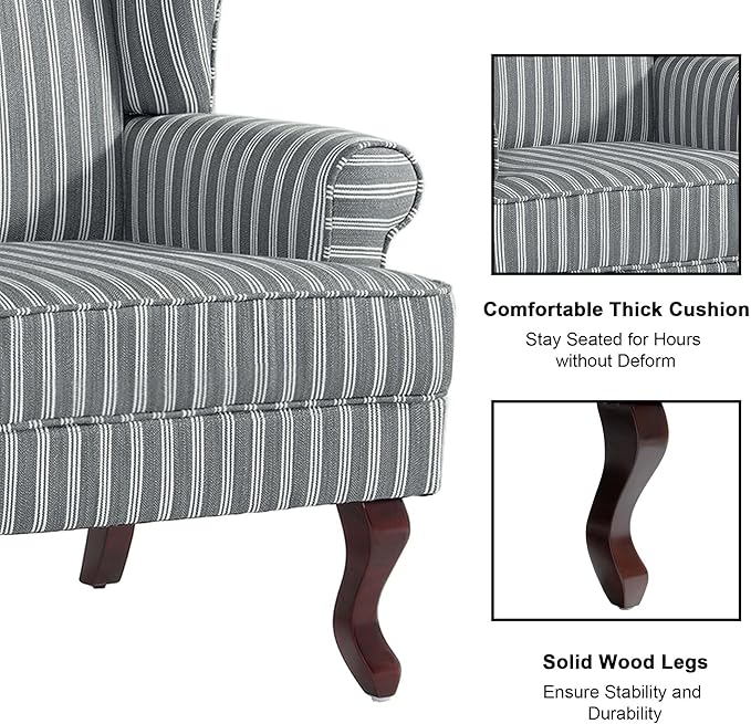 DREAMSIDEA Accent Chair, High Back Upholstered Armchair with High Resilience Sponge & Wood Legs, Mid-Century Modern Comfy Single Sofa Reading Chairs for Living Room, Bedroom (Stripe Grey, Set of 2)