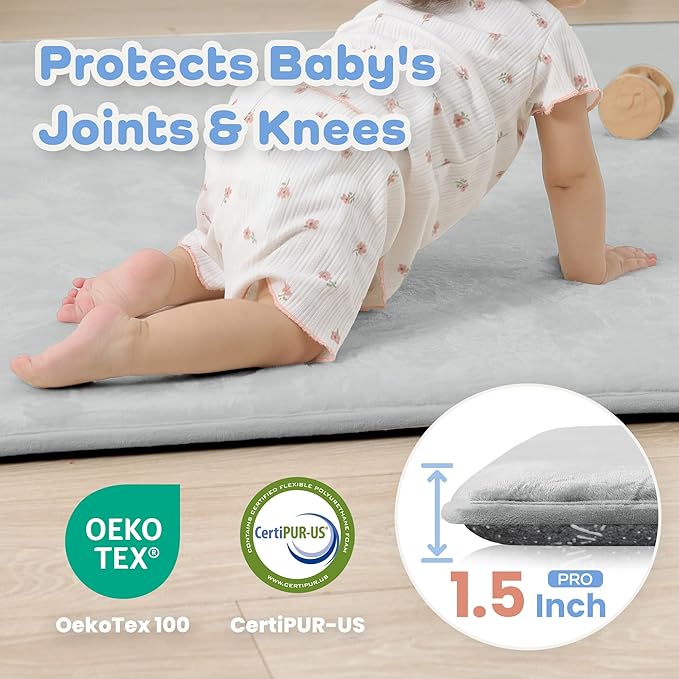 PaPaMat 1.5" Thick Baby Play Mat for Floor, 50x50 Playpen Mat, Pro Soft Flannel Foam Mats Toddler Infant Kids Crawling for Nursery Rug Playroom Living Room Waterproof Easy Care Non-Slip (Light Grey)