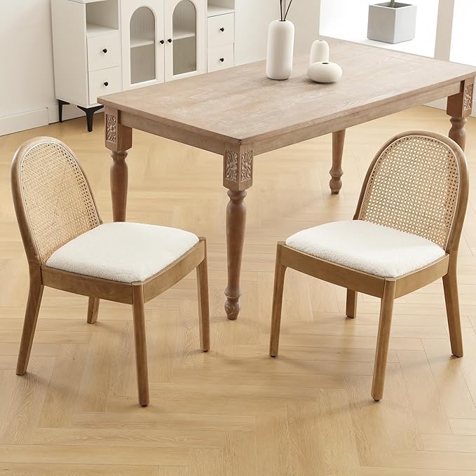 DUOMAY Mid-Century Modern Rattan Dining Chairs Set of 8, Wooden Dining Room Chair with Cane Backrest and Padded Seat, Sherpa Upholstered Dining Chair, Natural Finish, White