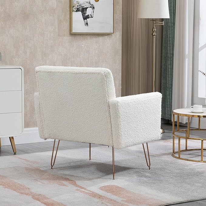 Accent Chair for Living Room, Comfy Oversized Velvet Upholstered Arm Chairs, Mid Century Modern Reading Single Sofa Side Chair with Tufted Back and Gold Legs for Bedroom (2, Teddy White)