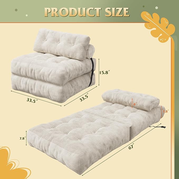 WLIVE Sofa Bed, Bonless Couch, Bean Bag Chairs for Adults, Pull Out Couch, with Pillow, for Living Room Dorm Bedroom, Beige