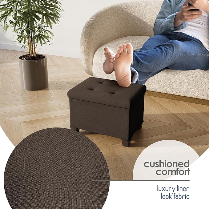 Storage Ottoman Cube with Small Bin, 16-in Square Ottoman with Storage for Living Room and Bedroom, Small Ottomans Foot Rest, Fabric Foot Stools Ottomans Max 330lbs, Brown